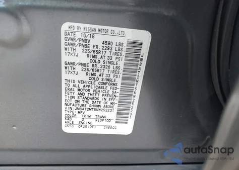 2019 Nissan Rogue Sv из США, поврежденный, VIN JN8AT2MT5KW252231